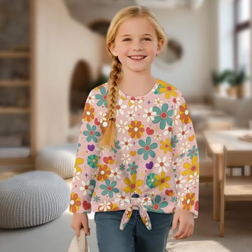 Girls T-Shirt with Tie Front,Loose Long Sleeve Kids Tunic Tops,Stretch Crew Neck Girls Shirt for School4