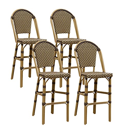 Image of PURPLE LEAF French Bar Stool Set of 4 Bamboo Print Finish Patio Bar Stools with Back Rattan Chairs Wicker Bar Height Stool 30 inch with Footrest Kitchen Island Stools Outdoor Barstool Brown