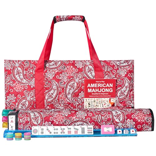 GUSTARIA American Mahjong Game Set, 166 White Tiles, 4 All-in-One Color Rack/Pushers, Complete Mahjong Tile Set Red Printed Carrying Bag