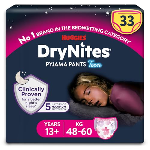 HUGGIES DryNites Pyjama Pants Girls 13+ Years (48-60KG) 33 x Bedwetting Pants Up to 100% Leak Free Nights