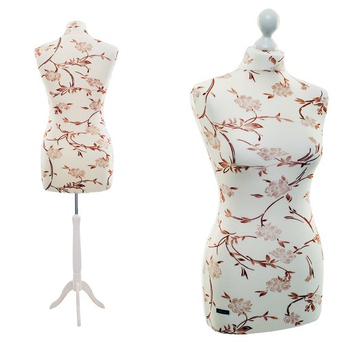 LUCCESI – Maniquí Busto de mujer en tallas S, M, M/L, L, L de XL, XL Busto de color crema con flores (marrón), pie en color blanco