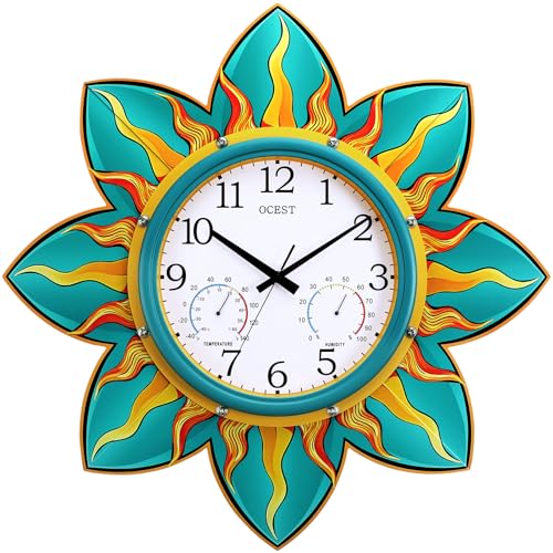 OCEST 24 Inch Outdoor Clock Waterproof with Thermometer and Hygrometer Combo Silent No-Ticking Outdoor Wall Clocks Quartz Clock for Patio Garden Flame Petal