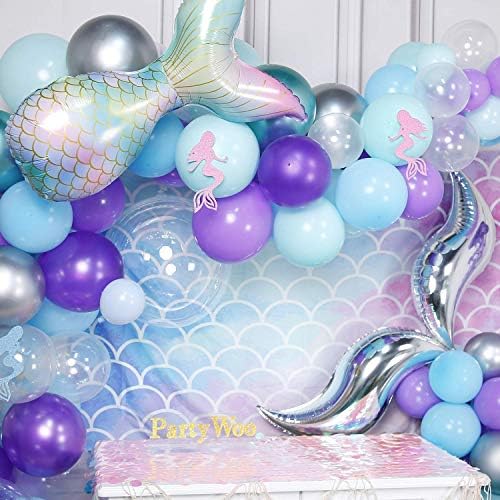 PartyWoo Balony syrenki, 180 sztuk, kolor niebieski, balony liliowe, srebrne balony metaliczne, przezroczyste balony foliowe dla syrenki, na imprezę w kształcie syrenki, urodziny