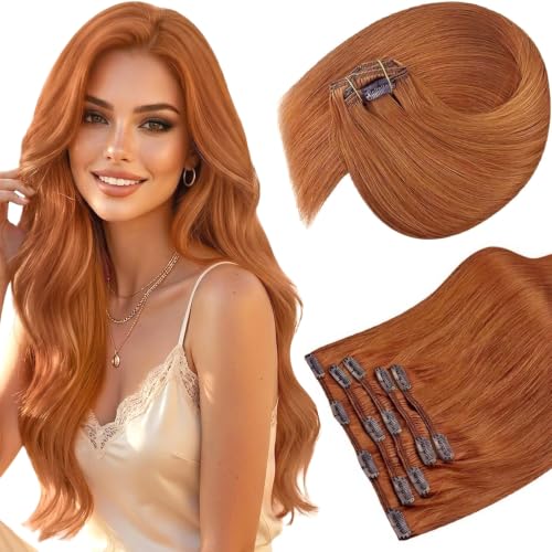 Image of Sunny Hair Clip in Hair Extensions Real Human Hair Copper Orange 12 Inch | Short Hair Extensions Clip Ins, Soft Natral Blend, Silky Soft Texture, Quick Daily Styling For Work & Date Night 85g