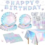 Summer Mermaid Party Supplies for Girls Baby Shower Birthday Party Under the Sea Themed Decor Iridescent Shell Plates Napkins Cups Knives Forks Tablecloths Banners Serves 20 Guests 122PCS