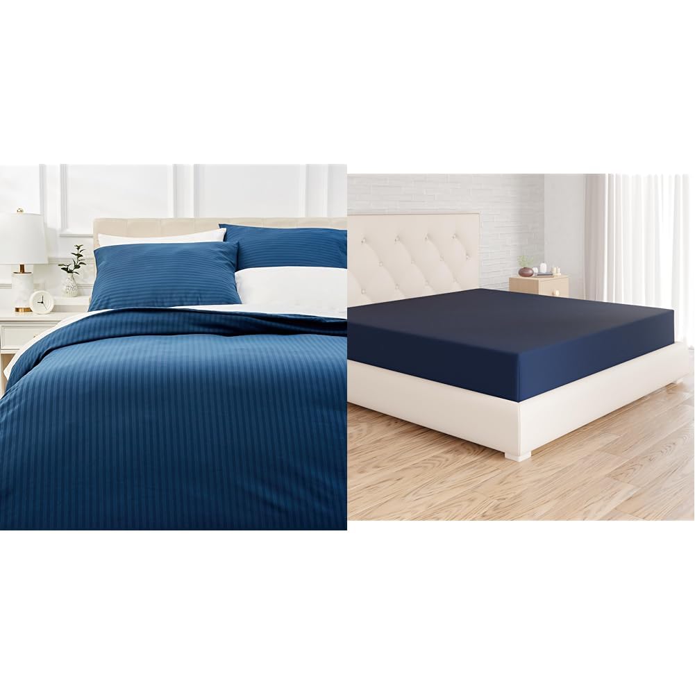 Housse de couette 260x240 bleu marine anti-pli et drap-housse grand bonnet stable