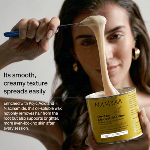 Image of Namyaa De-Tan Liposoluble Wax | Painless Hair Removal For Women| Quick & Easy Tan Removal Waxing for Sensitive Skin | Brightening Hair Removal for Legs, Arms, Underarms & Body | Smooth & Even Skin | Professional Strip | 800ml