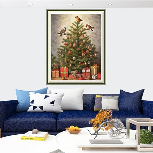 Image of Findvoor Stamped Cross Stitch Kits for Beginners Full Range of Cross Stitching Embroidery Pattern for Adults, 11CT DIY Needlepoint Embroidery Starter Kits-Bird Christmas Tree 15.7x19.7 inch
