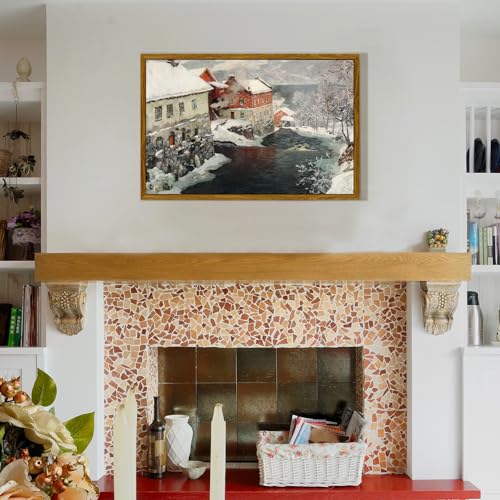 crmotu Framed Canvas Wall Art, Country Winter Scene Vintage Art Prints, Riverside Old Architecture Landscape Painting, Snow Scenery Rustic home Decor Living Room Bedroom, Farmhouse Wall Decor 20x30in