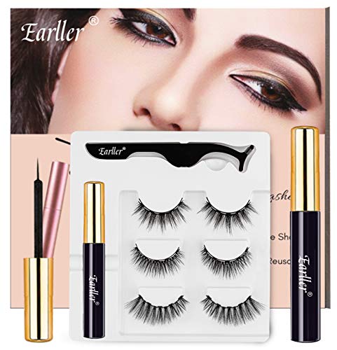 EARLLER 3 Pairs Magnetic Eyelashes and Eyeliner Kit, Reusable 3D Magnetic False Lashes with Applicator - Natural Look, Waterproof, Easy to Use and No Glue Needed Eyelashes Set