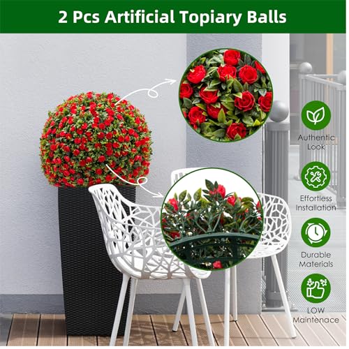 17" Artificial Topiary Balls 2PCS, Flower Topiary Ball Decorative Balls for Outdoor Patio Garden and Indoor, Wedding Decoration, Red