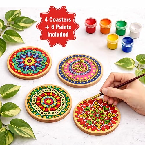 Image of Mind Pilot DIY Mandala Coaster Painting Kit - 4 Pre-Marked MDF Coasters with 6 Paints, Brush, Dotting Tool & Palette | Art & Craft Activity for Kids, Teens & Adults | Birthday & Return Gift Set