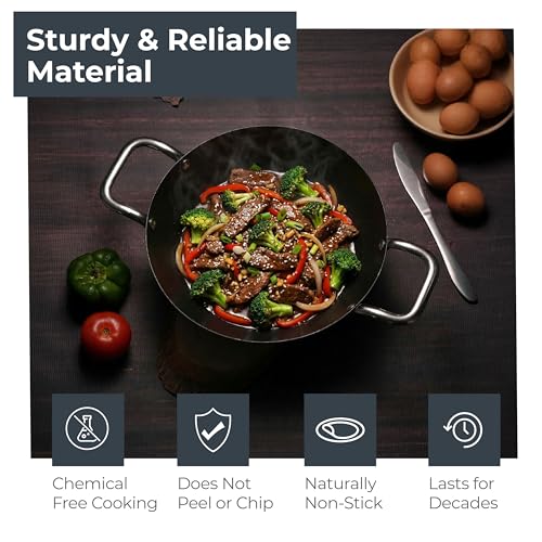 Image of Lifelong Carbon Steel (Iron) Kadhai 28cm | High Heat Stir Fry & Bhuna Kadhai with Stainless Steel Handle | Naturally Seasoned Non-Stick Surface | Induction & Gas Compatible | Lightweight Build