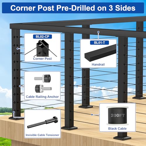 Image of BLIKA 42 inch Cable Railing Corner Post(Post 41 inchx2 inchx2 inch), 3-Side Drilled Flat Top Surface Mount Corner Post, Stainless Steel Black Handrail Corner Post for Cable Railing Kits, BL05-CP