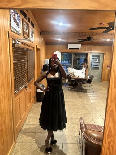 Image of Women Summer Halter Dress Low Cut Sleeveless A Line Tulle Swing Flowy Tea Length Dress Corset Prom Formal Ball Gowns