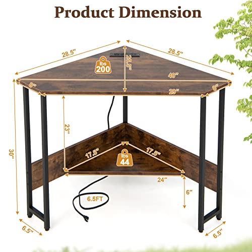 Costway Corner Computer Desk, With Usb Ports & Power Outlet, Storage Shelf For Small Space, Triangle Steel Frame Corner Desk For Home Office, Workstation (Rustic Brown) #TOP2
