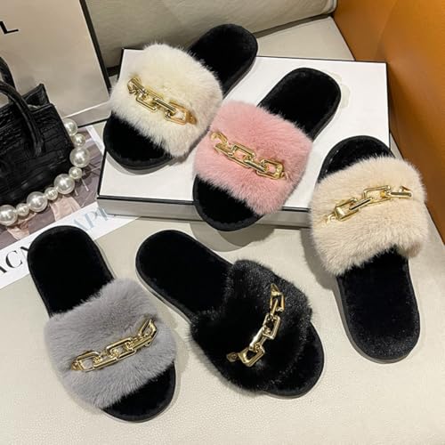 Shiny Chain Decor Plush Fuzzy Slippers for Women Fashion Open-Toe Warm Cozy Fluffy Indoor House Slippers2