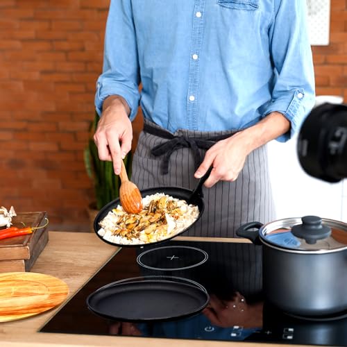 Image of FoldTier 2 Sets Cast Iron Skillet Set 10.63'' x 6.89'' Fajita Plate Sizzling Pan with Wooden Base Anti Scald Protection Removable Handle for Restaurant Kitchen Cooking Accessory BBQ Party
