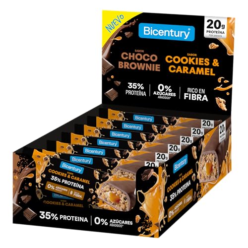 Bicentury Barritas Proteicas Cookies & Caramel 20g Proteína | Pack 12 Barritas | Sin Azúcares Añadidos | Alto en Fibra | Snack Saludable Fitness