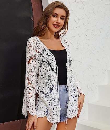 Image of Women's Cotton Casual Floral Lace Crochet Long Sleeve Cardigan Boho Cover Up