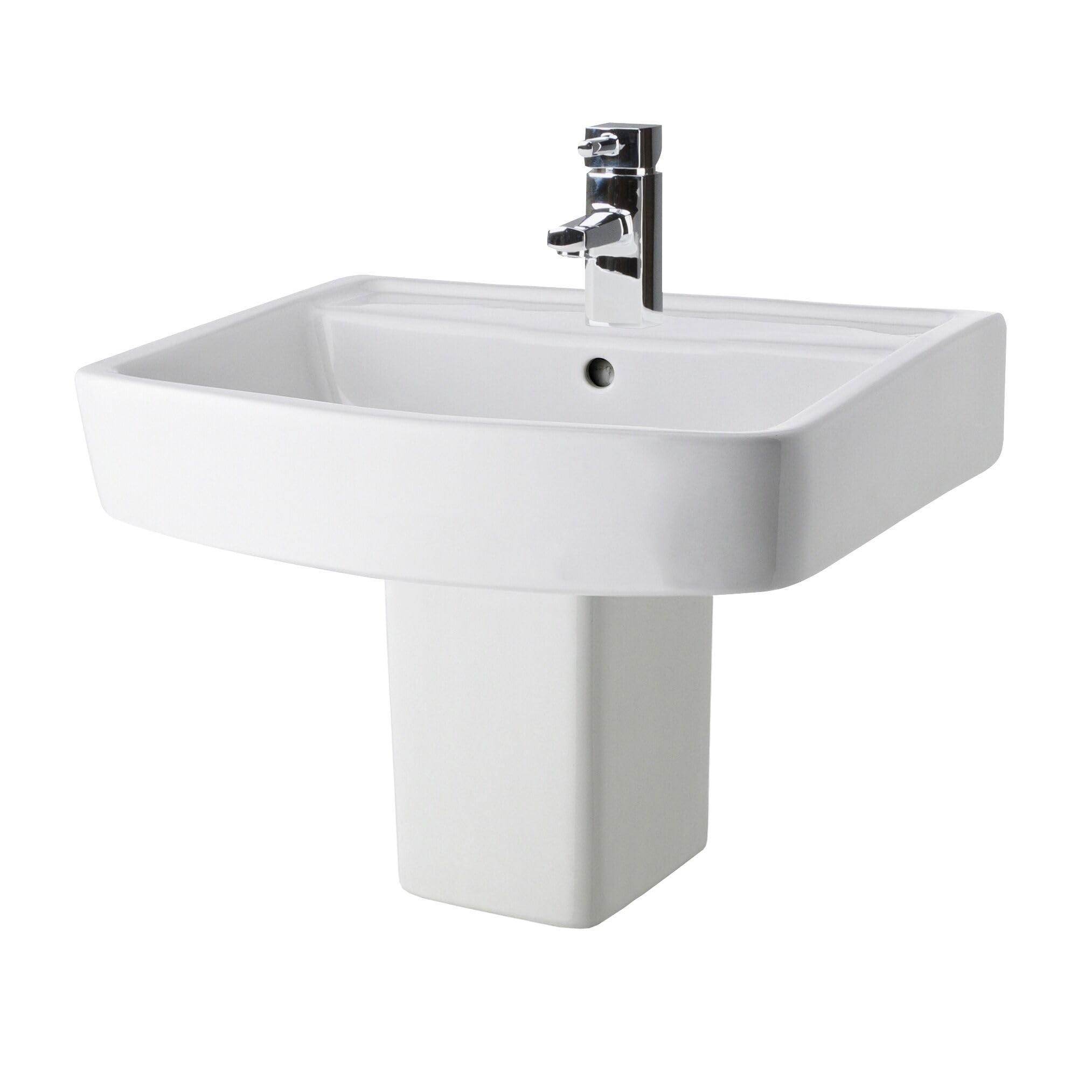 Balterley 520mm Bathroom Sink, Semi Pedestal Ceramic Square Bowl Bathroom Wash Basin Sink with Overflow, 1 Tap Hole, Wall Mounted Basin Sinks for Cloakroom - 520 x 420 x 450mm (White)