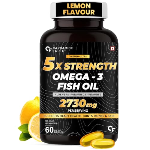 Image of Carbamide Forte 5X Strength Omega 3 Fish Oil Capsules 2730mg | Fish Oil Omega 3 Supplement To Support Overall Health & Skin With Added Aloevera, Vitamin D3, Vitamin E For Men & Women - 60 Softgels