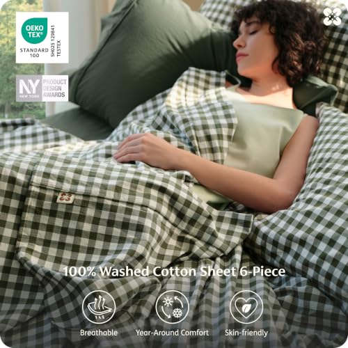Image of Bedsure PureWoven Gingham Sheets 100% Washed Cotton King, Olive Green, 6PCS