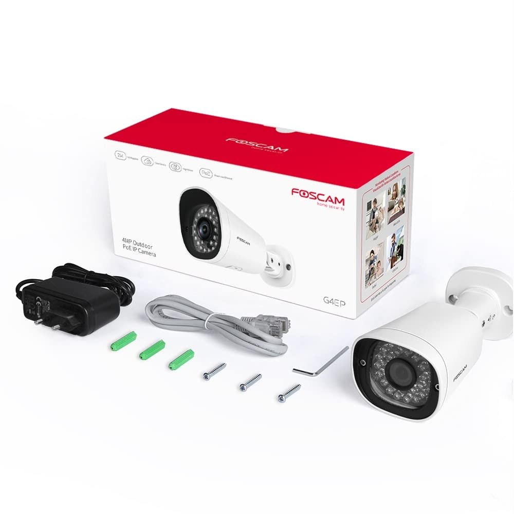 Foscam Caméra d'Extérieur 2K IP G4EP - POE Extérieure 4MP - Vision Nocturne de 20M - Étanchéité IP66 - Consultation à Distance 24/7 - Détection de Mouvement - Alerte Mail