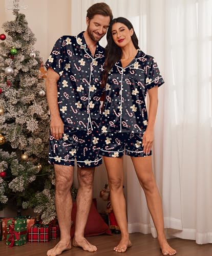 Image of Ekouaer Couple Matching Pajamas Sets Silk Short Sleeve Button Down Sleepwear Satin Pjs Shorts Set Soft Loungewear S-XXL