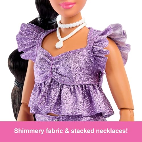 Barbie Deluxe Style Doll #8 in Metallic Purple Top and Sparkly Shorts, Black Hair in Braid, Accessories like Pearly Jewelry and Handbag, JFP43
