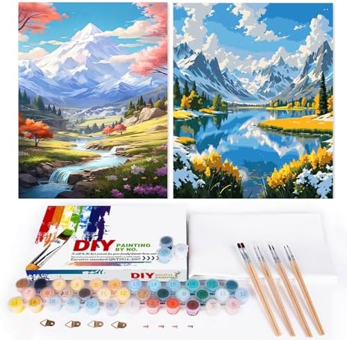 EFOTIML Paint by Numbers Kit for Adults Beginners & Kids Ages 8-12,2 Pack 16x20 inches Canvas for Painting Kits for Adults in Colorful Box(Without Frame)-Snow Mountain and Lake(2PCS)