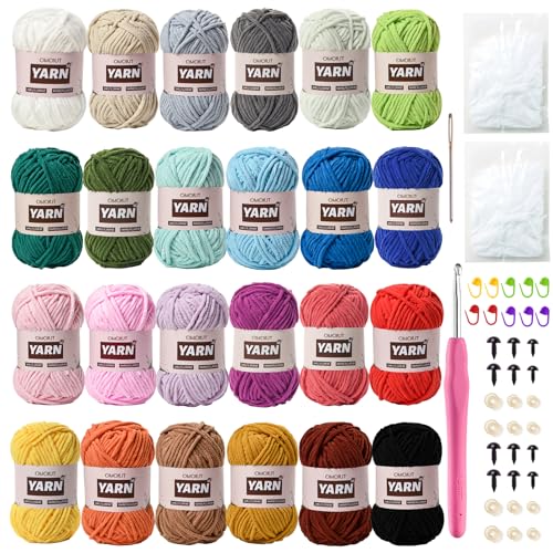 24 Pack Chenille Velvet Yarn - Baby Yarn for Crocheting Soft - Amigurumi Yarns Set with 1200g(1574yd) Crochet Yarns Crochet HookStitch MarkersFluffy StuffingAccessories