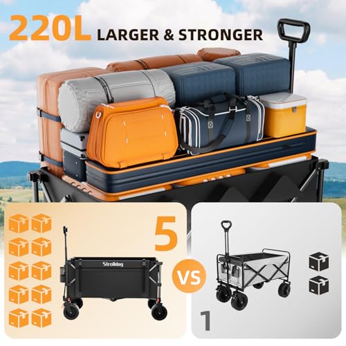 Image of 220L Collapsible Wagon Cart, 39 inch L Extended Frame and 440Lbs Heavy Duty, Lightweight 15lbs Folding Garden Cart with Silent All-Terrain Wheels for Beach, Camping Grass and Grocery, Black