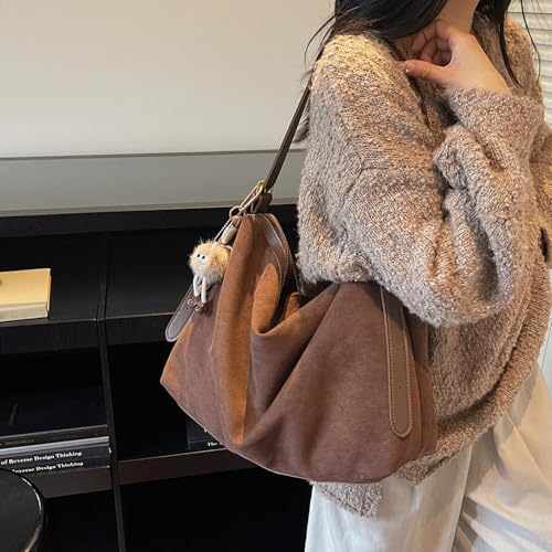 Suede Leather Versatile Handbag with Pendant Retro Underarm Bag Large Capacity Stylish Shoulder Bag Work Commute Shopping Par4