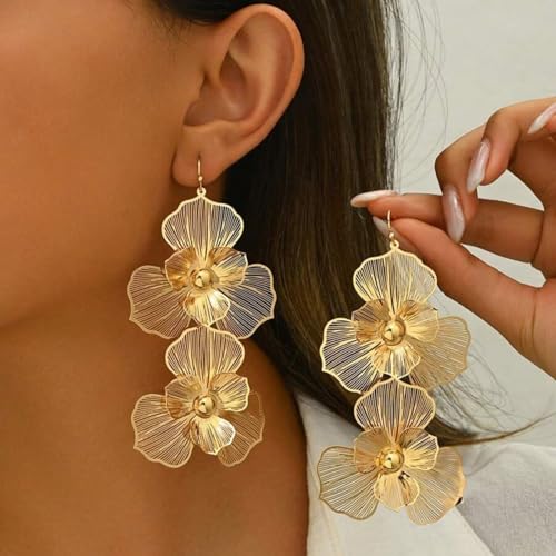 Boho Double Flower Earring for Women,Vintage Pearl Petal Dangle Earrings Statement Candy Color Layered Earring Wedding Beach Jewelry2