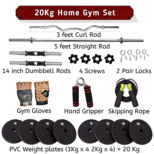 Image of BULLAR Home Gym Set Combo 20 kg with 3 feet curl Rod , 5 feet Straight Rod, Pair of Dumbbell Rods, Home Gym Equipments for Men, Exercise Workout Fitness Equipment with Accessories