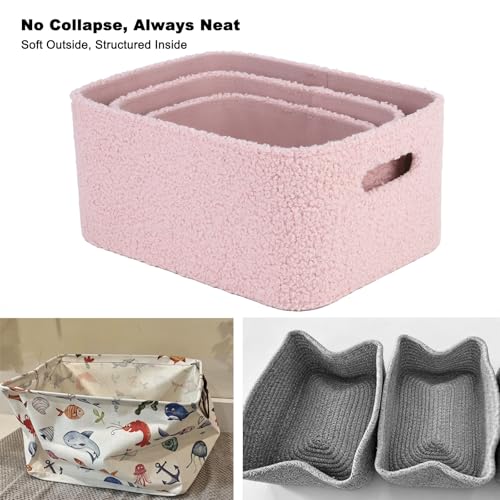 TeenyLandy Boucle Nursery Storage Baskets Set of 3, Decorative Nesting Fabric Bins for Shelves, Changing Tables, Dressers and Closets, Baby Toys, Diapers, Clothes, Books, Blankets and Essentials, Pink — view 2