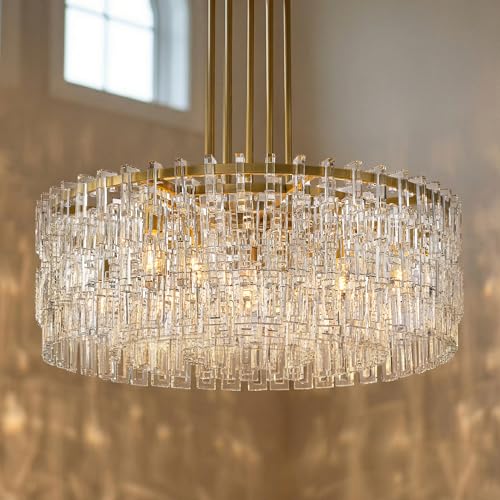 Dvasovio 36'' W Round Single-Tier Crystal Chain Chandelier 9-Light E26 Modern Pendant Light, Burnished Brass Finish with 350+ Crystal Links, 79 Inch Adjustable Hanging Rod Ceiling Light, Gold