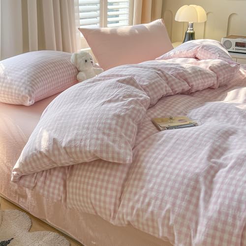 Image of VM VOUGEMARKET Aesthetic Pink Plaid Duvet Cover Set, Soft Washed Cotton Bedding Set, Minimalist Gingham Bed Set with Pillowcases,Cozy Bedroom & Dorm Decor for Teen Girls & Students, King Size