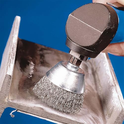 Image of Pferd Power Stem Mounted Crimped Wire Cup Brush, 2 inch Diameter, 0.008 inch Wire Size, Round Shank, Carbon Steel Bristles, 13000 Maximum RPM - Part 82824