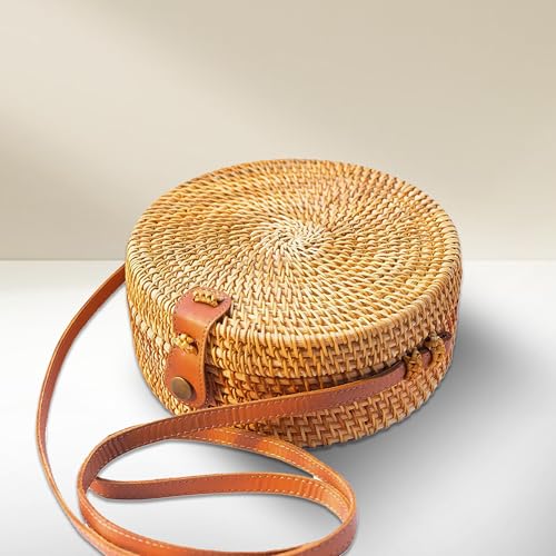 Image of Handwoven Round Rattan Purse Crossbody - Straw Basket Wicker Bag for Women - Circle Summer Handbag