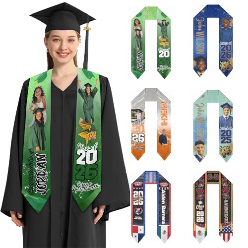 Custom Graduation Stole Class of 2026 Personalized Graduation Sash for Women Men, Customized Name Text Logo Graduation Stole for High School College University Graduation Ceremony