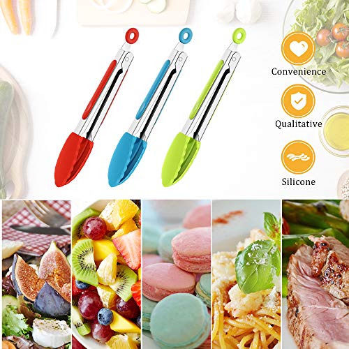 7 Inch Silicone Tongs Mini Kitchen Tongs with Silicone Tips Small Serving Tongs Stainless Steel Cooking Tongs for Salad, Grilling, Frying and Cooking (Red, Green, Blue,3 Pieces)