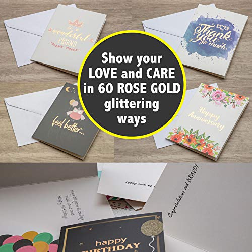 60 Rose Gold Foiled Birthday Cards w/Assorted All Occasion Greeting Cards - All Unique Design, Big 5”x7”, Thank You, Anniversary Cards, Simple Message Inside, Magnetic Box Variety Set w/Thick Envelope