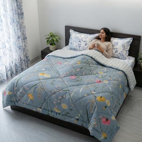 Image of Mafatlal Tulip Premium 120 GSM Quilted Comforter for Double Bed | Travel Blanket, Cooling Comforter & Breathable | 90 x 100 Inch | Slate Blue 1