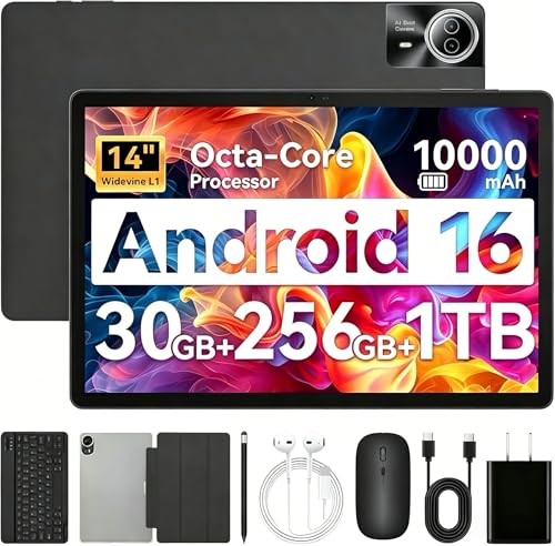 Image of Urao Tablet｜14 inch Android 16 Tablet｜30GB RAM 256GB ROM ｜1920 * 1200 IPS FHD｜10000mAh 30W Fast Charging｜Octa-core Processor｜Wi-Fi 6, BT 5.4｜Dual Camera with Gemini AI｜Keyboard｜Stylus｜Case｜Headphone
