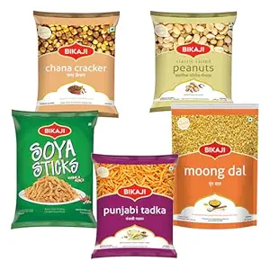 Bikaji Snacks Combo – SALTED PEANUT & Moong Dal & PUNJABI TADKA & ROASTED CHANA CRACKER & SOYA STICKS | 5 Pack Variety | Bar Snacks, Party Mix & Tea-Time Treats – 1000g