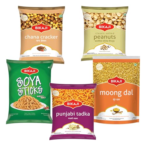Bikaji Snacks Combo – SALTED PEANUT & Moong Dal & PUNJABI TADKA & ROASTED CHANA CRACKER & SOYA STICKS | 5 Pack Variety | Bar Snacks, Party Mix & Tea-Time Treats – 1000g