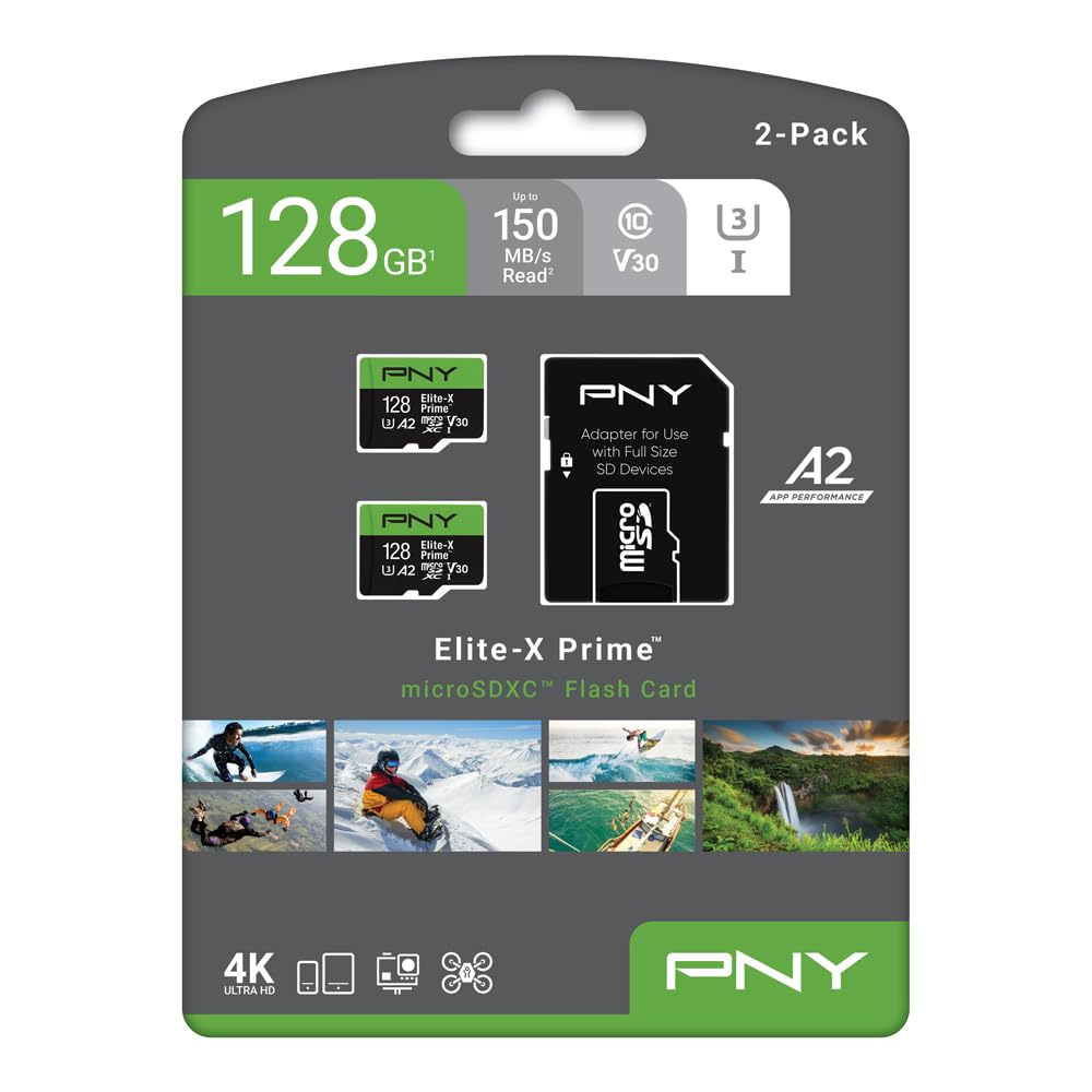 PNY Elite-X Prime C10 U3 V30 A2 Lot de 2 Cartes mémoire Flash microSDXC 128