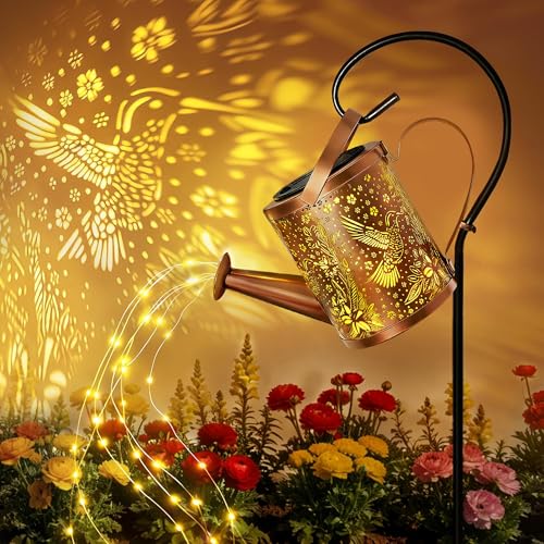 Ollny Solar Watering Can with Cascading Lights Outdoor Garden Decor Birthday Gifts for Mom Grandma Women IP65 Waterproof 2 Lighting Modes Hanging Lanterns for Yard Patio Lawn (Hummingbird)